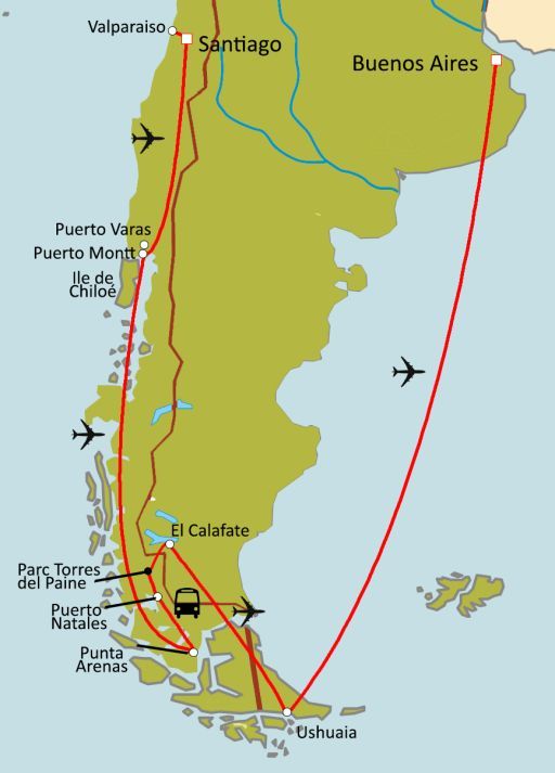 Carte du circuit Patagonie  : Chili - Argentine