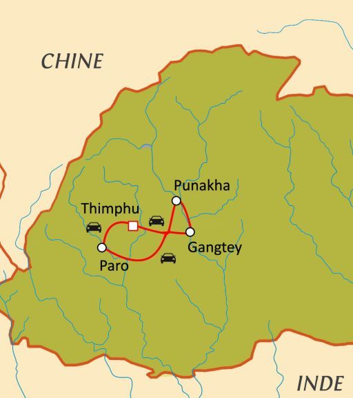 Carte du circuit Trésors du Bhoutan